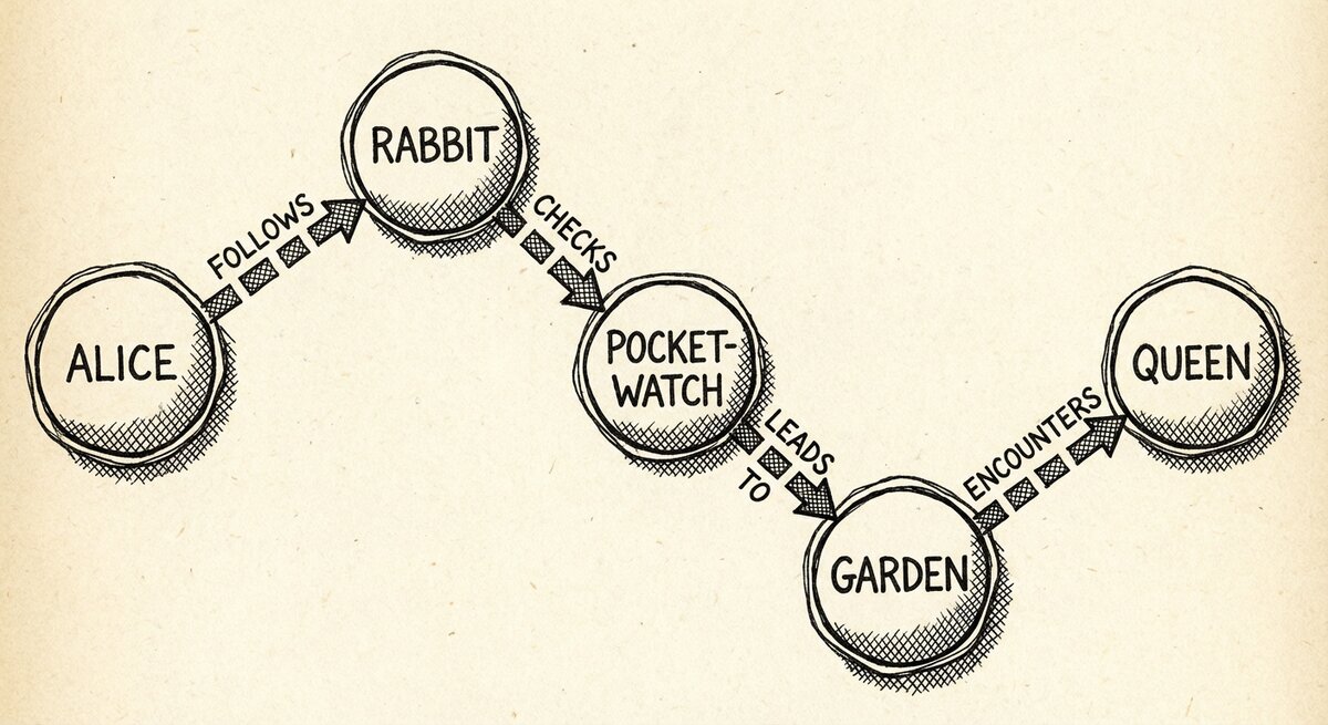 A network of story nodes labeled Alice, rabbit, pocket-watch, garden, Queen with links between them showing how a narrative becomes a graph.