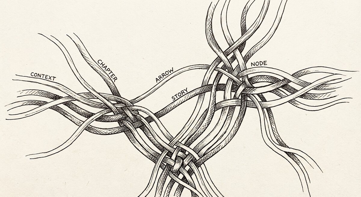Multiple threads woven together and labeled context, chapter, arrow, story, node — a visual metaphor for how knowledge is a weaving of meaning.