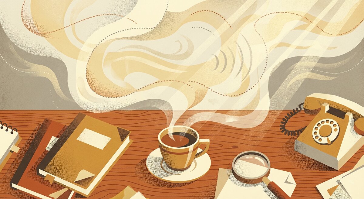 A cluttered desk seen from above with a translucent cloud of aroma, sound waves, and light rays hovering above it — the invisible context around every memory.