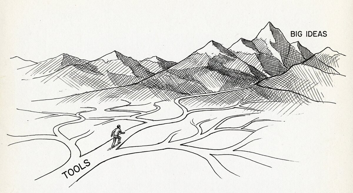 Wide landscape banner: distant mountains representing big ideas, forking paths in the foreground representing different tools, and a small figure climbing one of the paths.