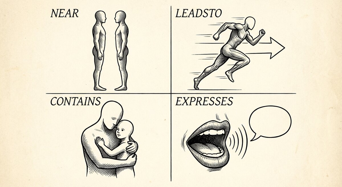 A 2x2 pen-and-ink grid showing the four arrow personalities — near as mirror twins, leads to as a runner mid-stride, contains as a parent's embrace, expresses as an open mouth mid-word.