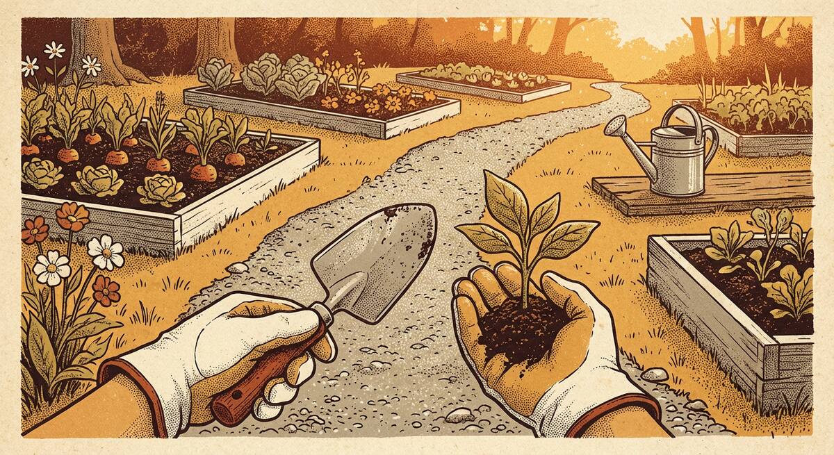 Warm editorial illustration: a pair of gloved hands tending a garden bed — one holding a trowel, the other cradling a young plant — with raised beds and winding paths behind them in warm ochre light. The tending metaphor for knowledge work.
