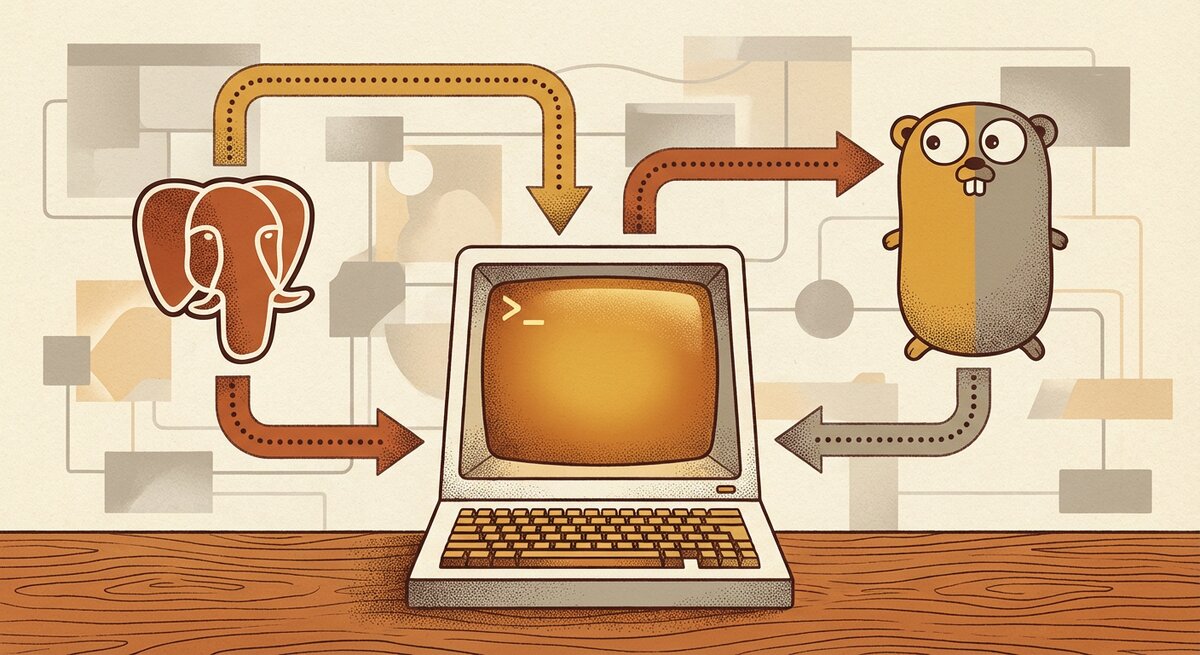 A retro CRT terminal on a wooden desk flanked by a PostgreSQL elephant and a Go gopher, connected by ochre flow arrows.