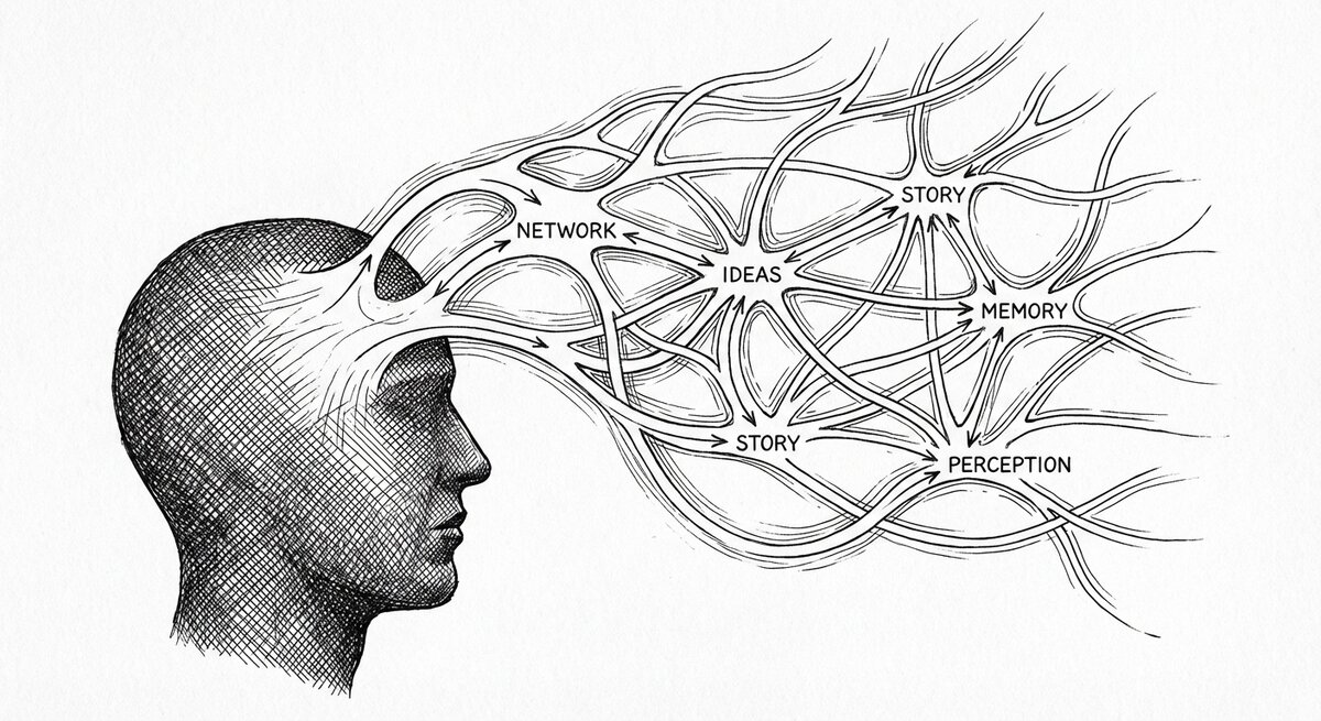 Profile silhouette of a head on the left; a network of labeled concept nodes — NETWORK, IDEAS, CONTEXT, STORY, MEMORY, PERCEPTION — expands outward to the right like a cognitive map.