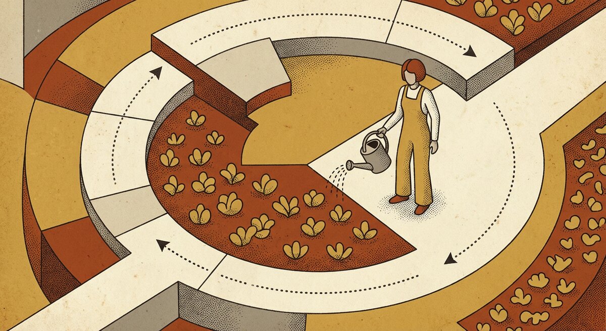 A garden viewed from slightly above: winding paths, small plants, a figure tending to them — knowledge as something slowly cultivated.