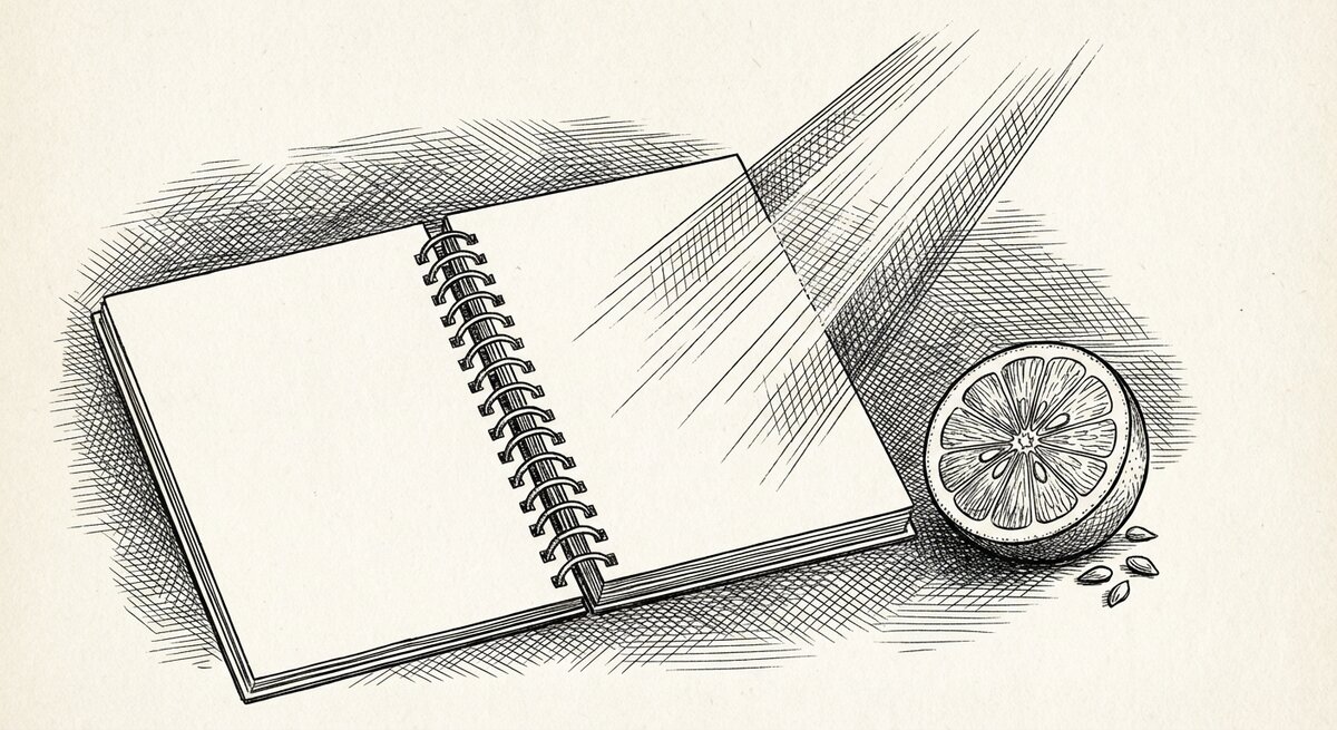 Still life: an open notebook with a slice of fruit beside it, warmly lit — knowledge is tasted, not just remembered.