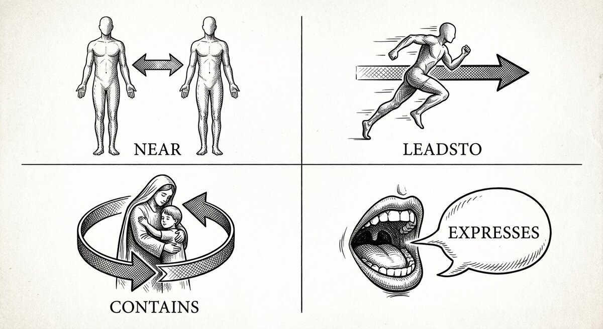 Four-quadrant pen-and-ink grid showing the four arrow shapes — near as mirror-twin figures, leads to as a runner mid-stride, contains as a parent's embrace, expresses as an open mouth with speech bubble.