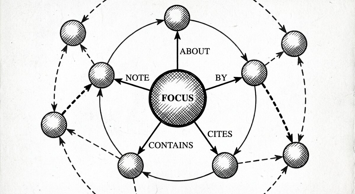 Pen-and-ink diagram: a bold central node labelled FOCUS, surrounded by an inner ring of nodes connected via solid arrows labelled ABOUT, BY, NOTE, CONTAINS, CITES; a second outer ring of nodes is linked to the inner ring via dashed arrows, with one dashed arrow drawn slightly heavier than the others — a surprising one-hop-further connection the query surfaces.