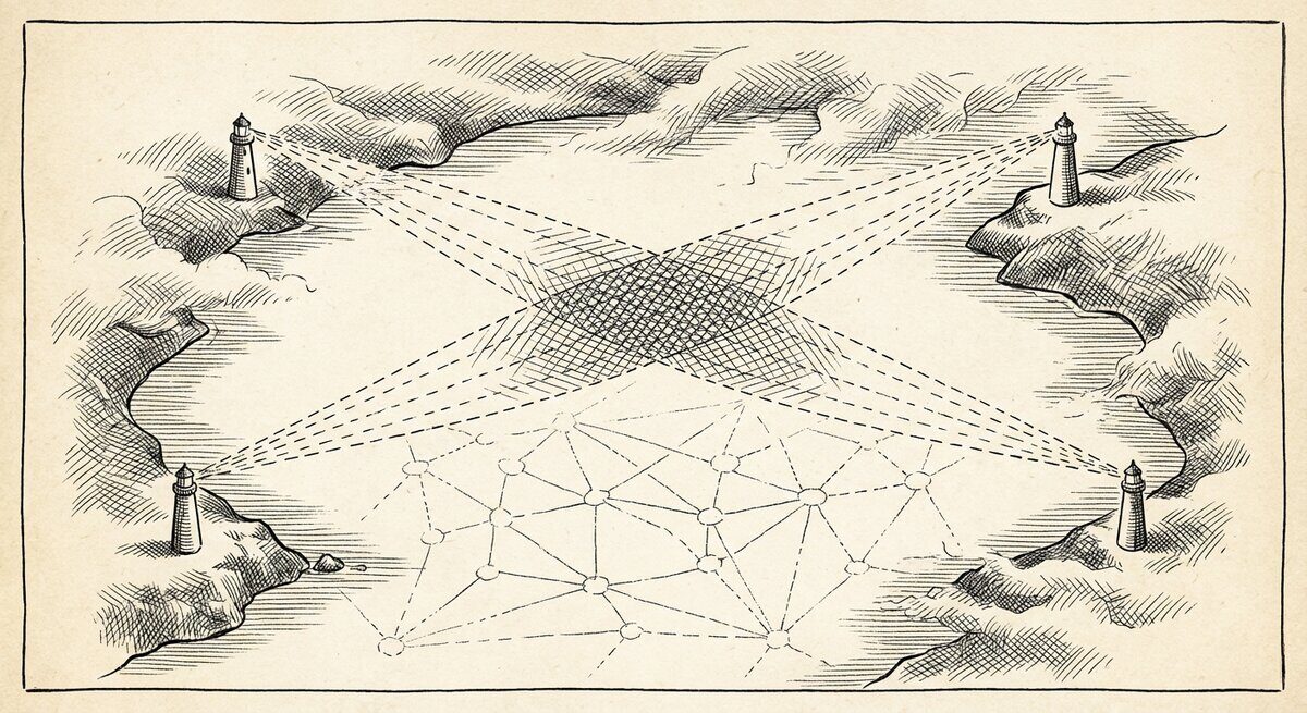 Aerial view of a foggy bay at dusk where two lighthouse beams sweep toward each other through the mist, creating interference where they meet, with a graph network faintly visible beneath — a visual metaphor for bidirectional wave-front path solving.