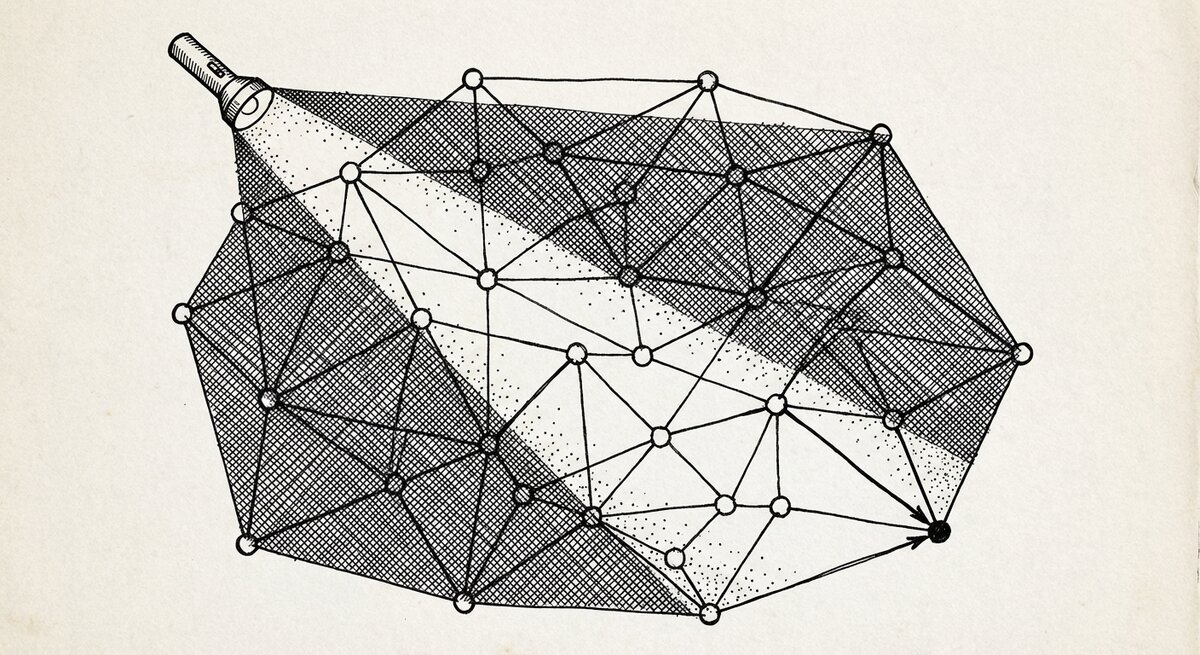 A graph network of nodes and links with a cone of flashlight-beam light sweeping across it, illuminating a path through the nodes.