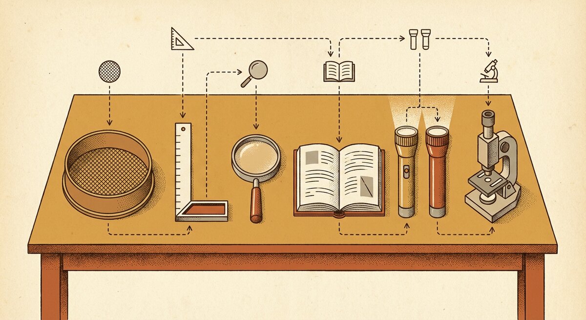 Six tools arranged on a worktable — sieve, builder's square, magnifying glass, open book, twin flashlights, microscope — representing the family of CLI utilities in the SSTorytime toolkit.