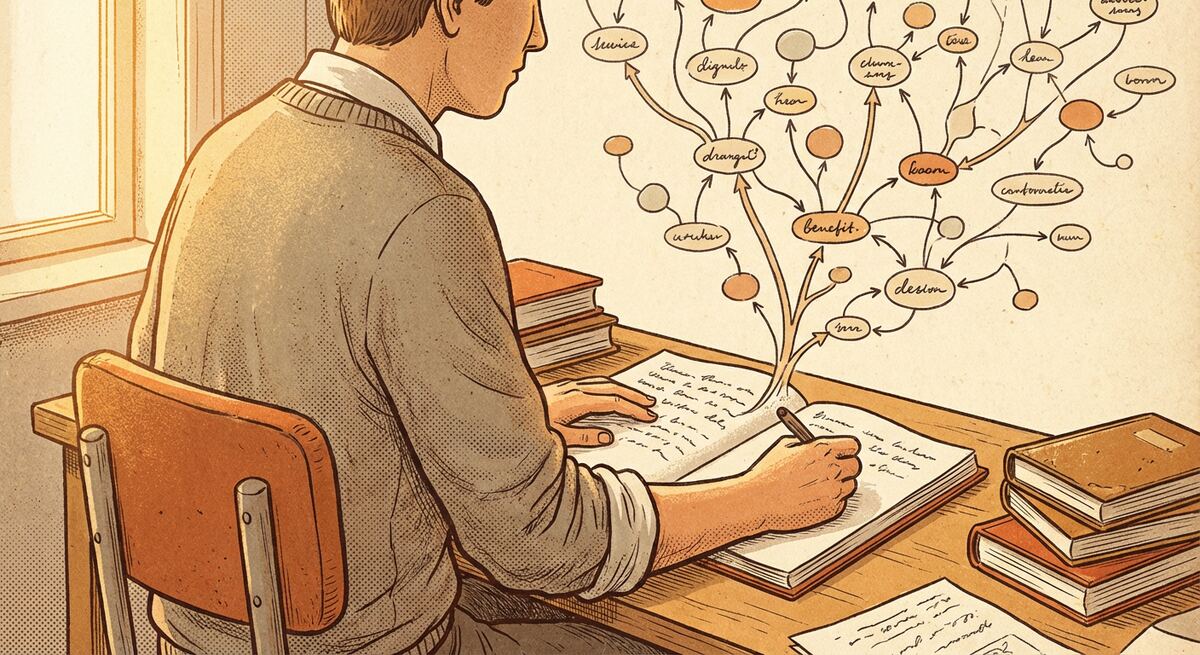 Warm editorial illustration of a person at a wooden desk, notebook open and handwritten, a gentle network of nodes and arrows growing upward from the page like vines; books stacked beside; afternoon light. The moment of capture becoming structure.