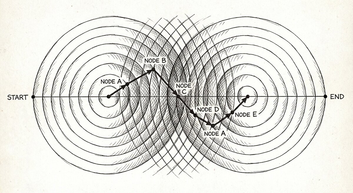 Pen-and-ink physics-style diagram: two points labelled START and END on a horizontal line, concentric ripple-arcs spreading outward from each, meeting in the middle; at the overlap a path of labelled nodes A through E emerges, drawn darker than the ripples.