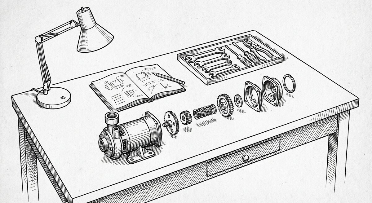 Pen-and-ink drawing of a calm workbench: a partially disassembled mechanical device on the left, its parts laid out in an orderly exploded view to the right, a notebook with diagrams open, a tool tray, an overhead lamp. Diagnostic atmosphere, not panic.