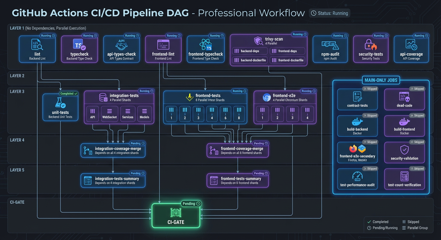 CI/CD Pipeline DAG showing test stages, dependencies, and parallel execution paths