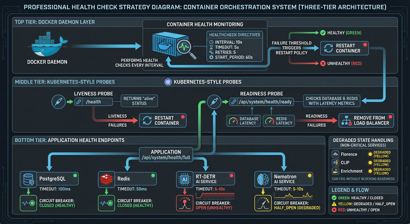 Health Check Strategy - Periodic monitoring with exponential backoff recovery