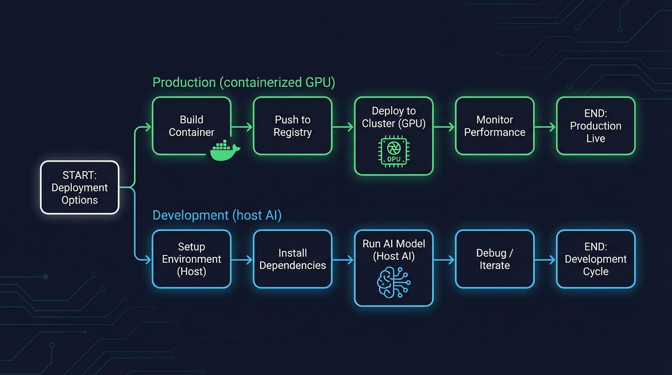 Quickstart Decision Tree showing deployment path selection: Do you have NVIDIA Container Toolkit installed? If yes, use Production Mode with all services in containers. If no or prefer native AI for development, use Development Mode with host-run AI servers and containerized application services
